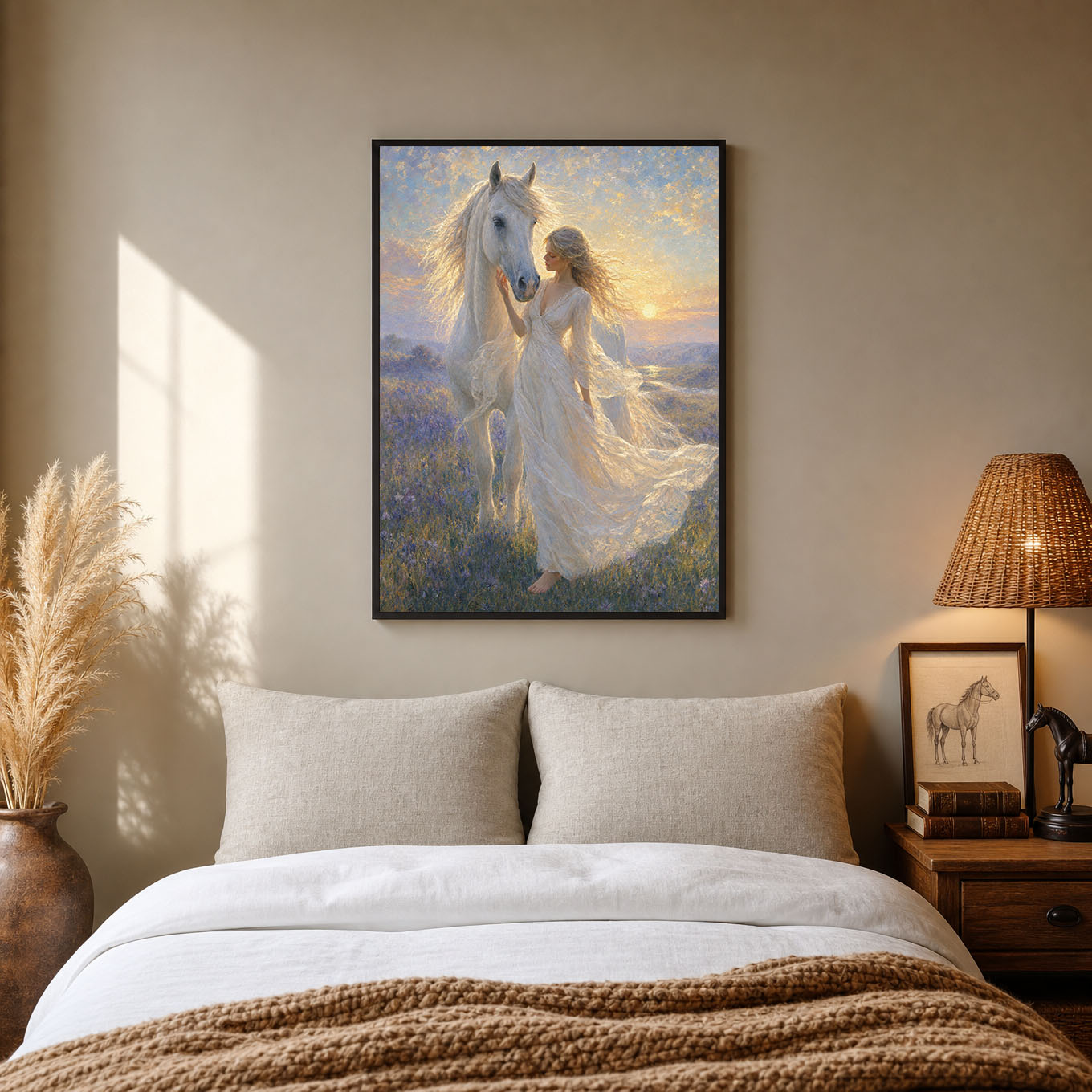 Girl and White Horse Sunset Oil Painting Poster Print