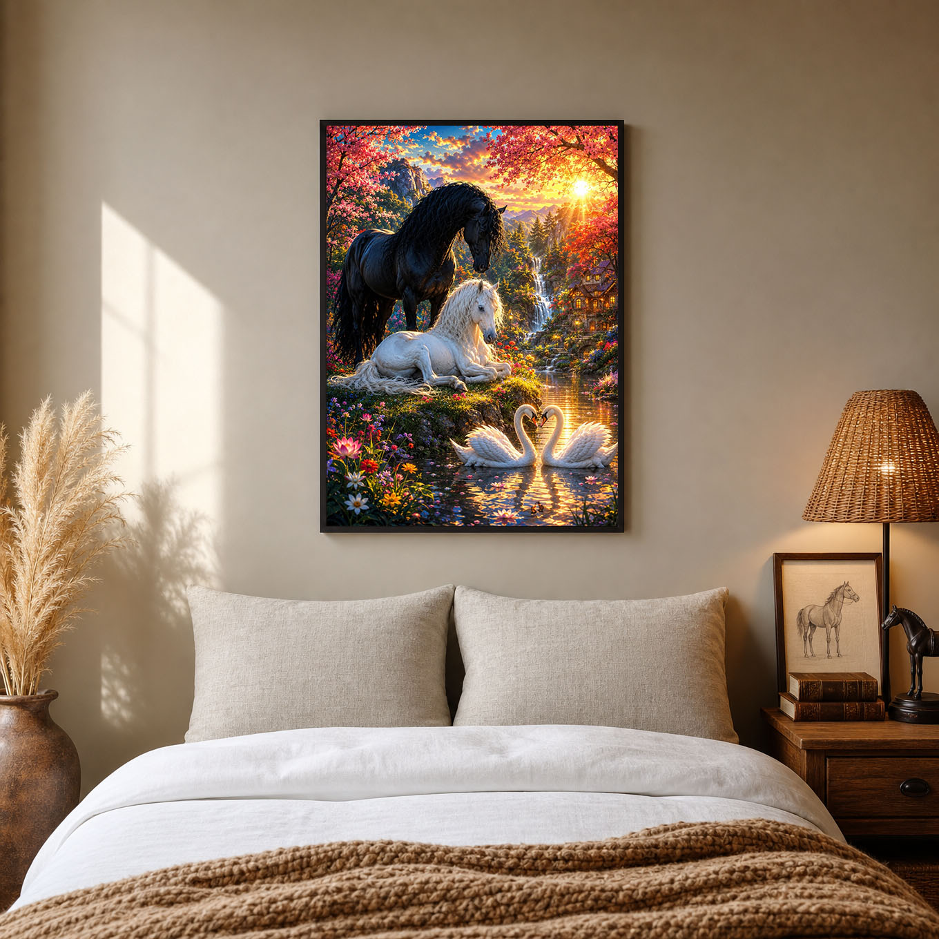 Horses and Swans Fantasy Garden Sunset Poster Print