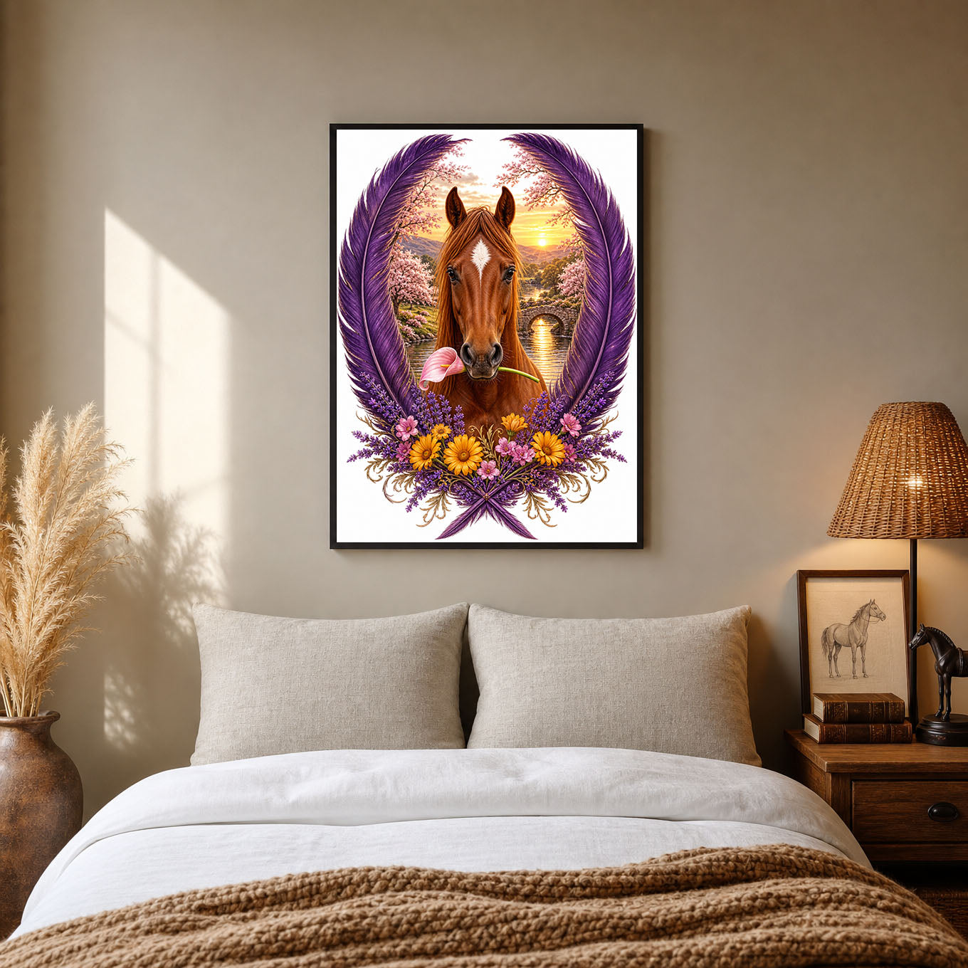 Horse with Flower Purple Feather Wreath Poster Print