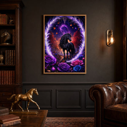 Black Horse Purple Roses Enchanted Night Poster Print