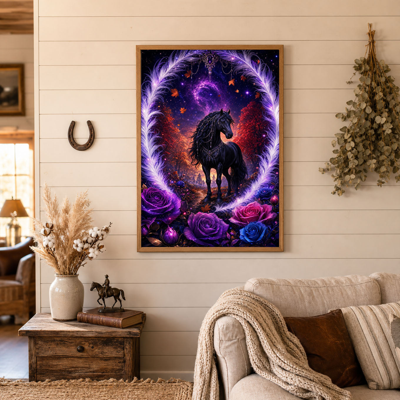 Black Horse Purple Roses Enchanted Night Poster Print