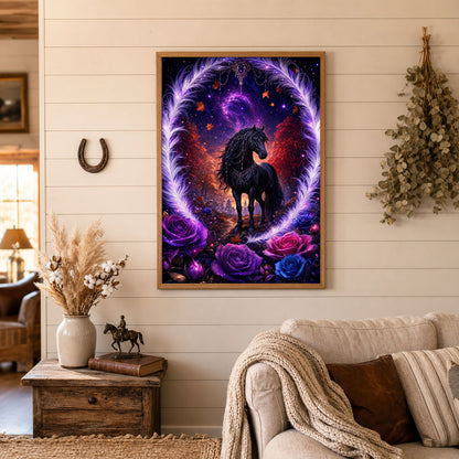 Black Horse Purple Roses Enchanted Night Poster Print
