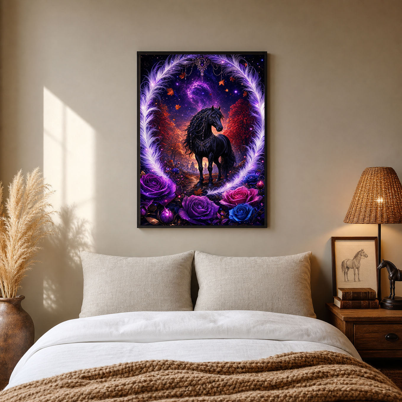 Black Horse Purple Roses Enchanted Night Poster Print