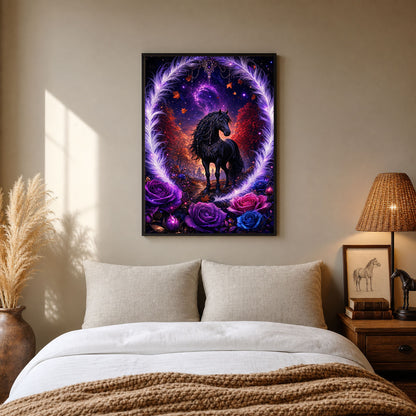 Black Horse Purple Roses Enchanted Night Poster Print