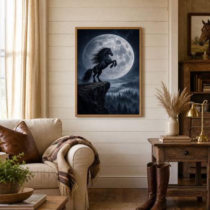 Black Horse Rearing Under Full Moon Poster Print