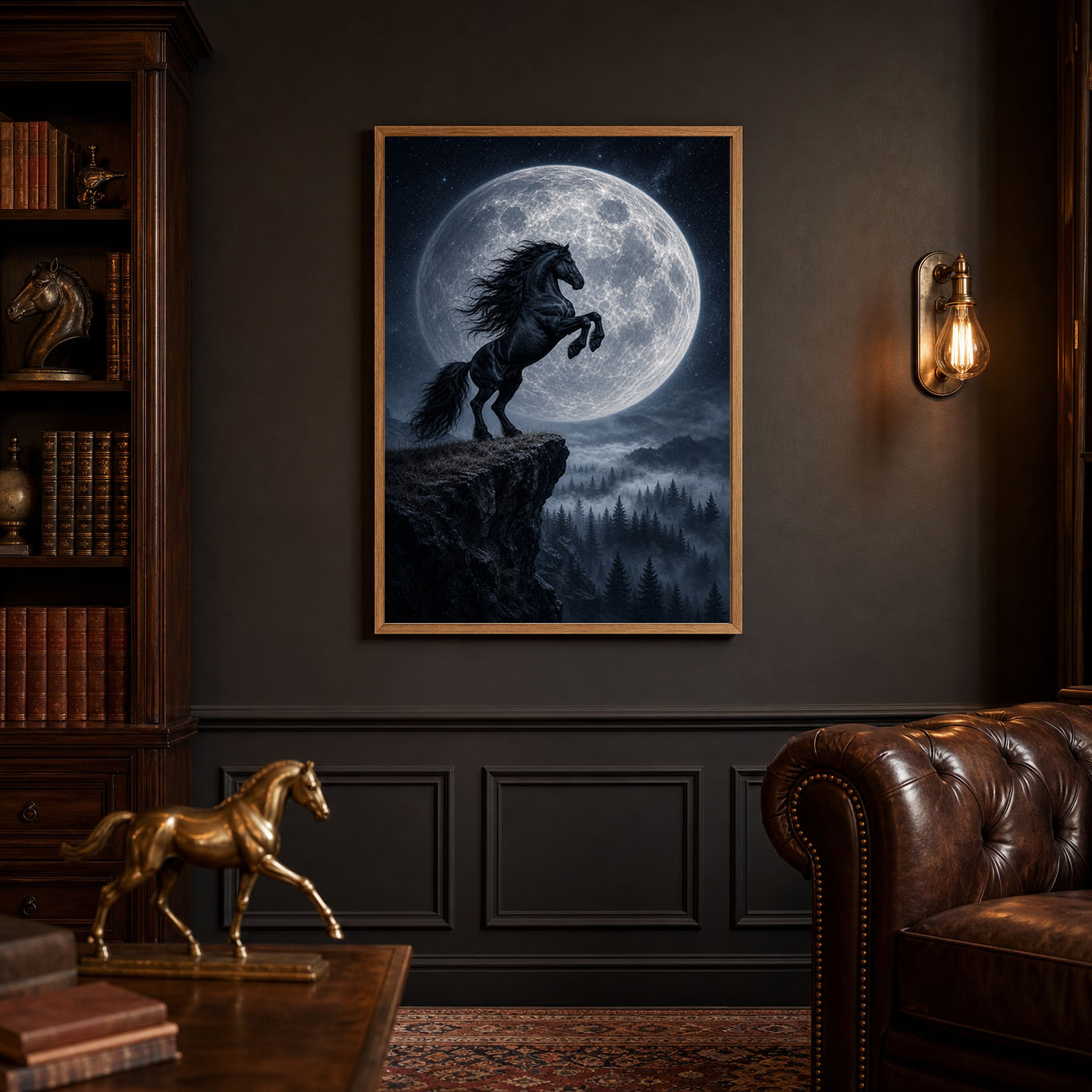 Black Horse Rearing Under Full Moon Poster Print