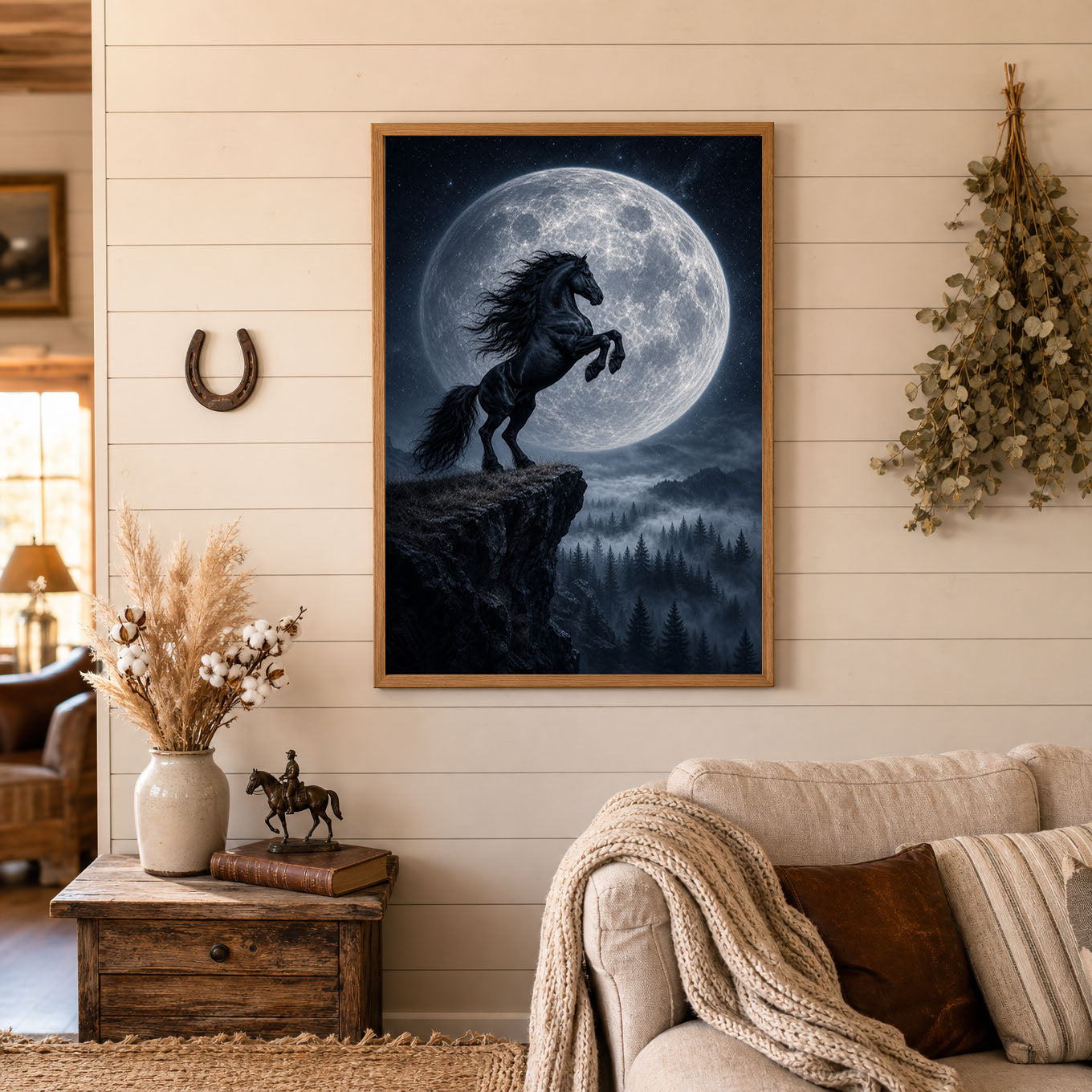 Black Horse Rearing Under Full Moon Poster Print