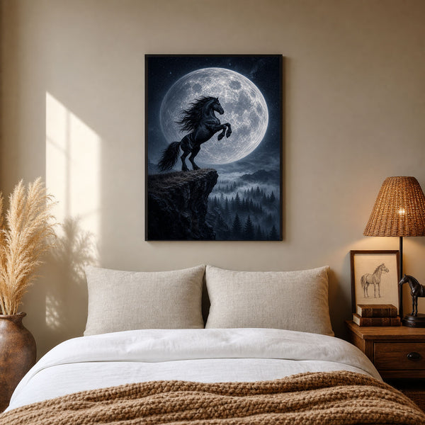 Black Horse Rearing Under Full Moon Poster Print