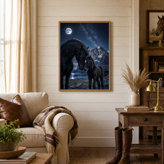 Black Mare and Foal Moonlit Mountain Poster Print