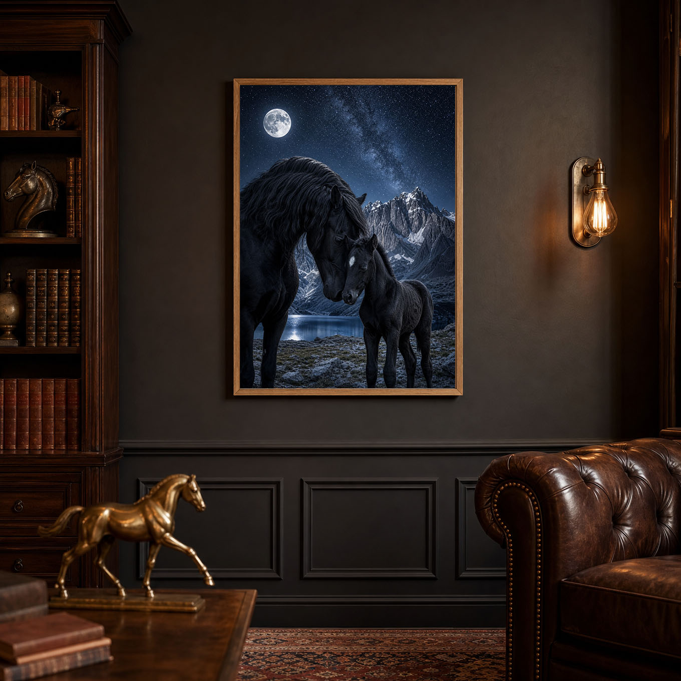 Black Mare and Foal Moonlit Mountain Poster Print