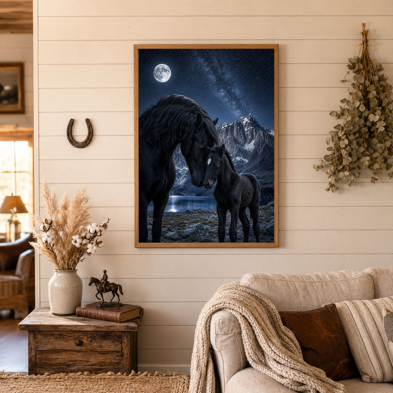 Black Mare and Foal Moonlit Mountain Poster Print