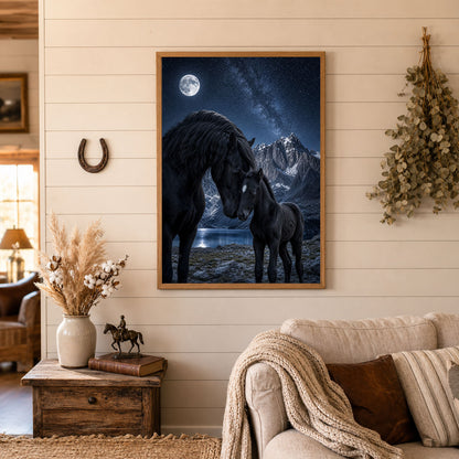 Black Mare and Foal Moonlit Mountain Poster Print
