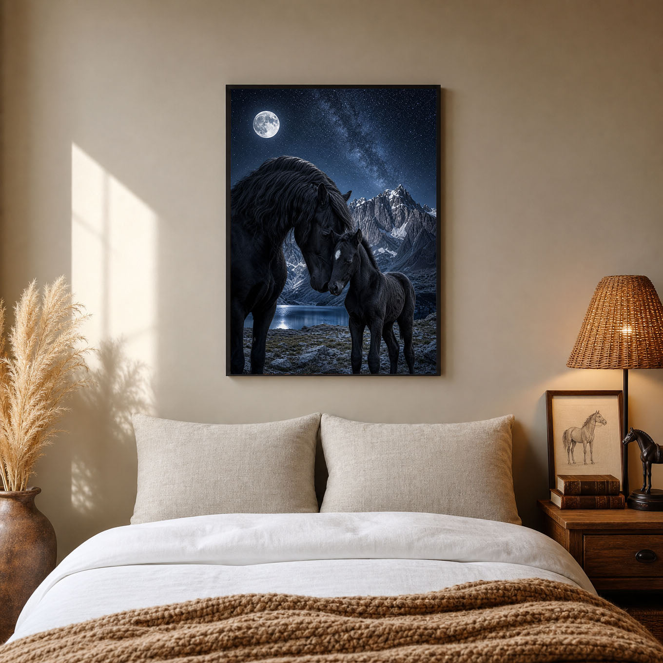Black Mare and Foal Moonlit Mountain Poster Print