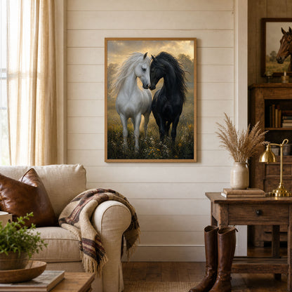 Black and White Horses in Love Meadow Poster Print