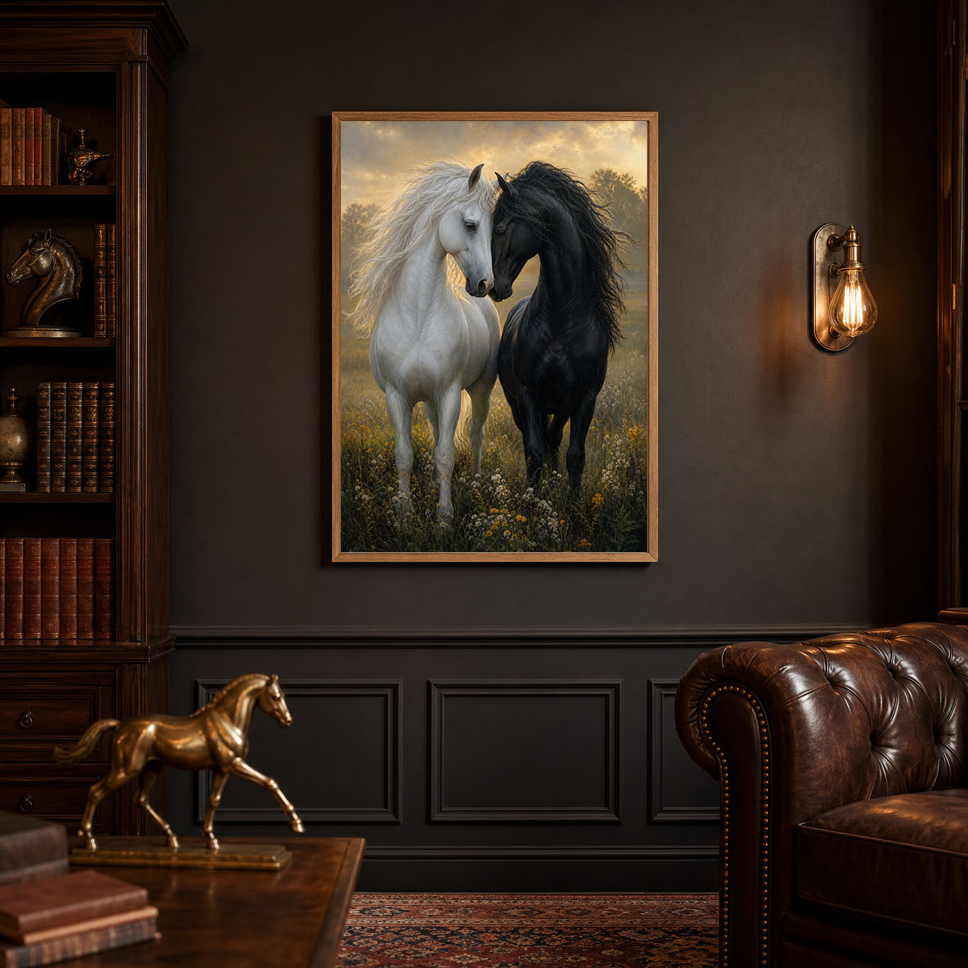 Black and White Horses in Love Meadow Poster Print