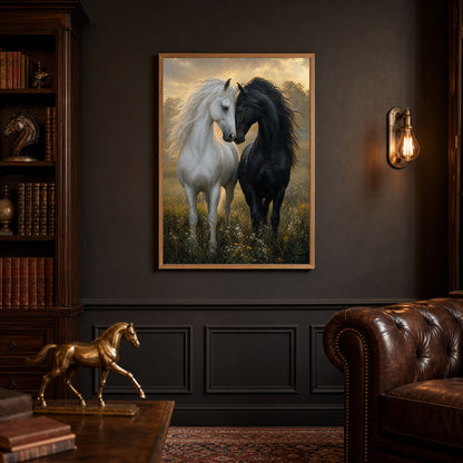 Black and White Horses in Love Meadow Poster Print