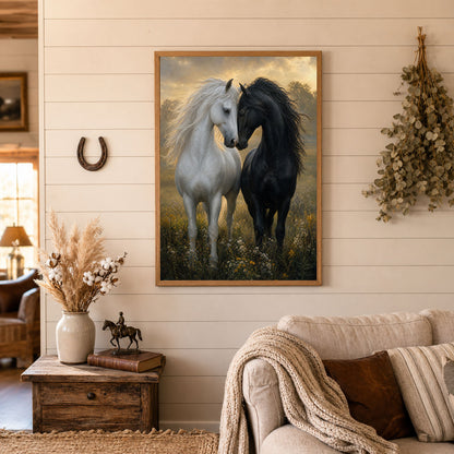 Black and White Horses in Love Meadow Poster Print