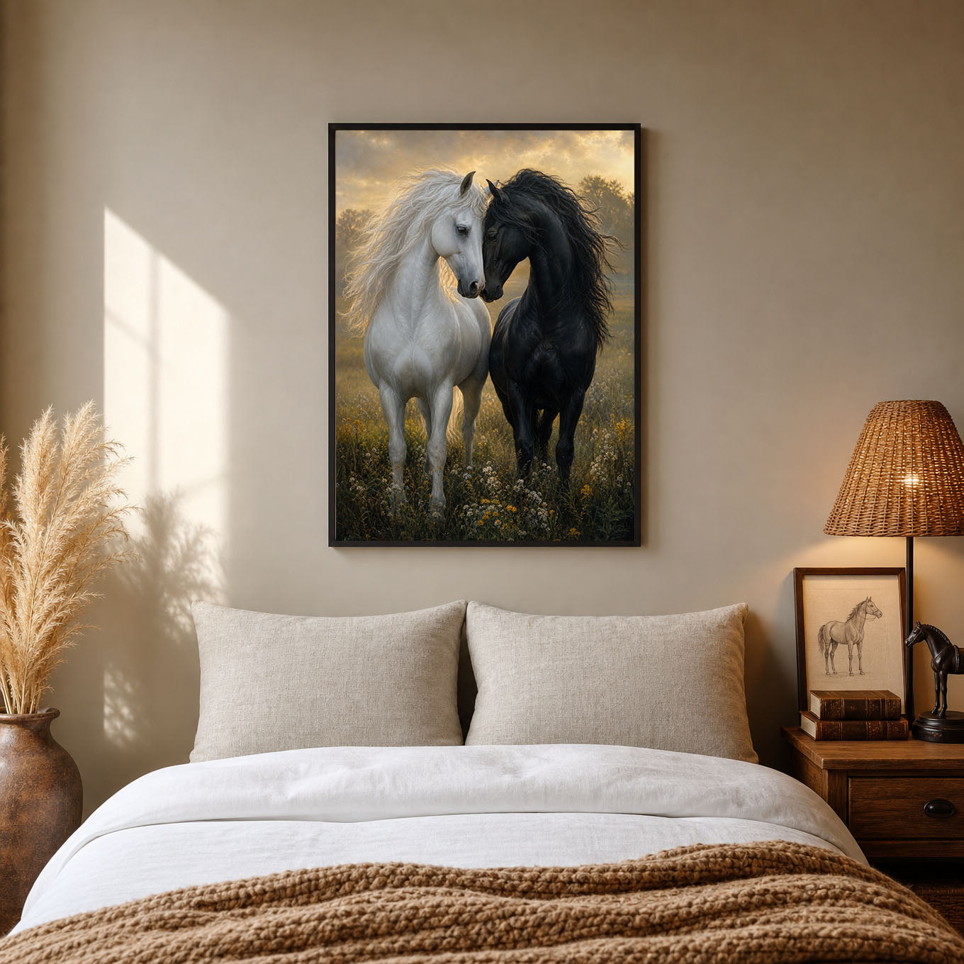 Black and White Horses in Love Meadow Poster Print