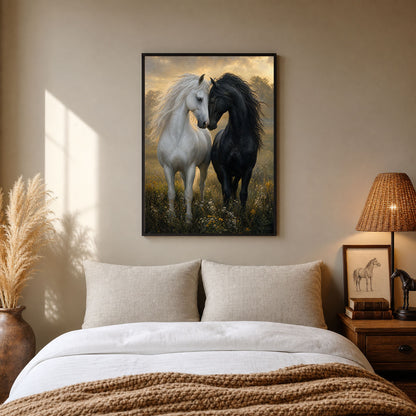Black and White Horses in Love Meadow Poster Print