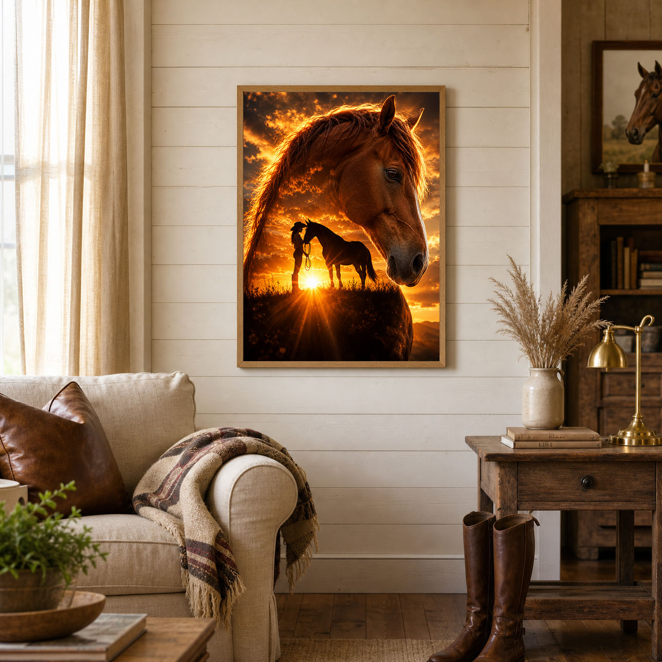 Cowgirl and Horse Golden Sunset Poster Print