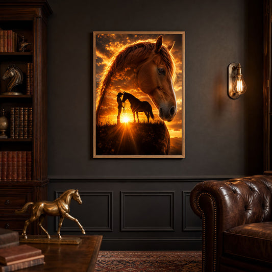 Cowgirl and Horse Golden Sunset Poster Print