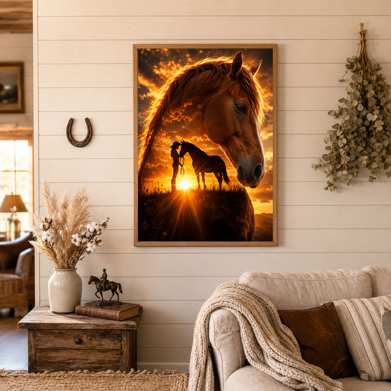 Cowgirl and Horse Golden Sunset Poster Print