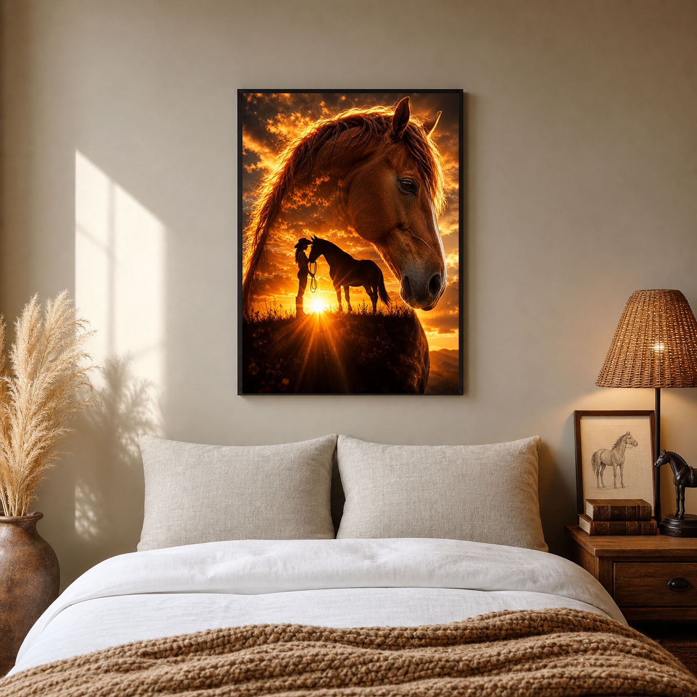 Cowgirl and Horse Golden Sunset Poster Print