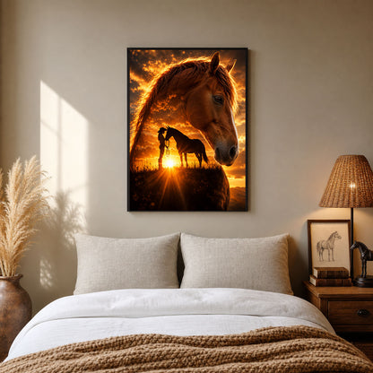 Cowgirl and Horse Golden Sunset Poster Print