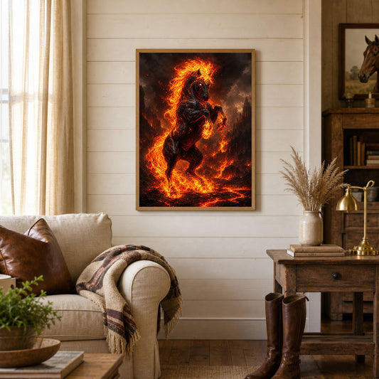 Flaming Horse Rearing in Lava Dark Fantasy Poster Print