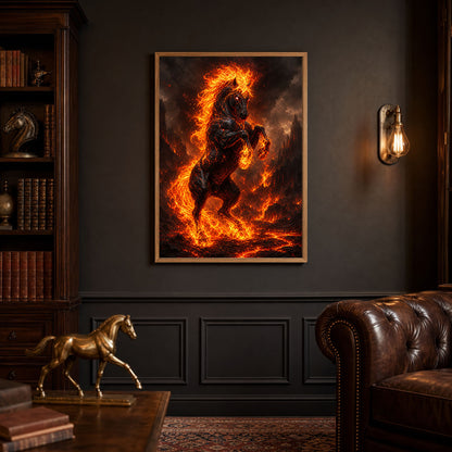 Flaming Horse Rearing in Lava Dark Fantasy Poster Print