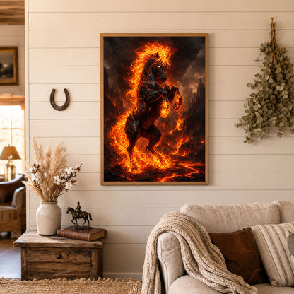 Flaming Horse Rearing in Lava Dark Fantasy Poster Print
