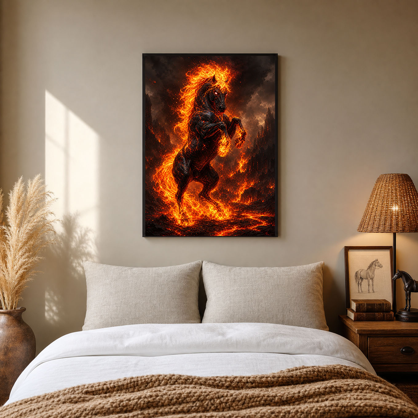 Flaming Horse Rearing in Lava Dark Fantasy Poster Print