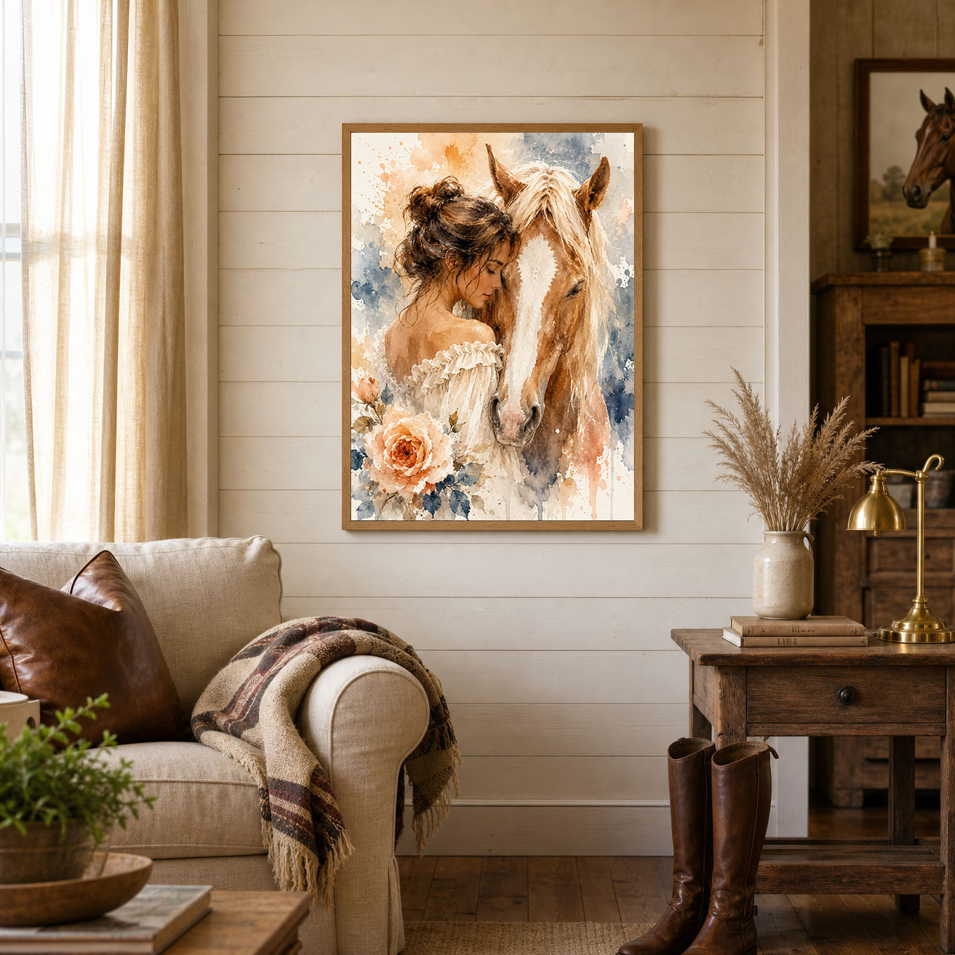 Girl and Horse Watercolor Floral Poster Print
