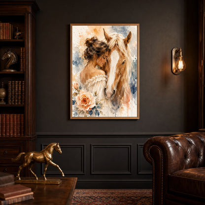 Girl and Horse Watercolor Floral Poster Print