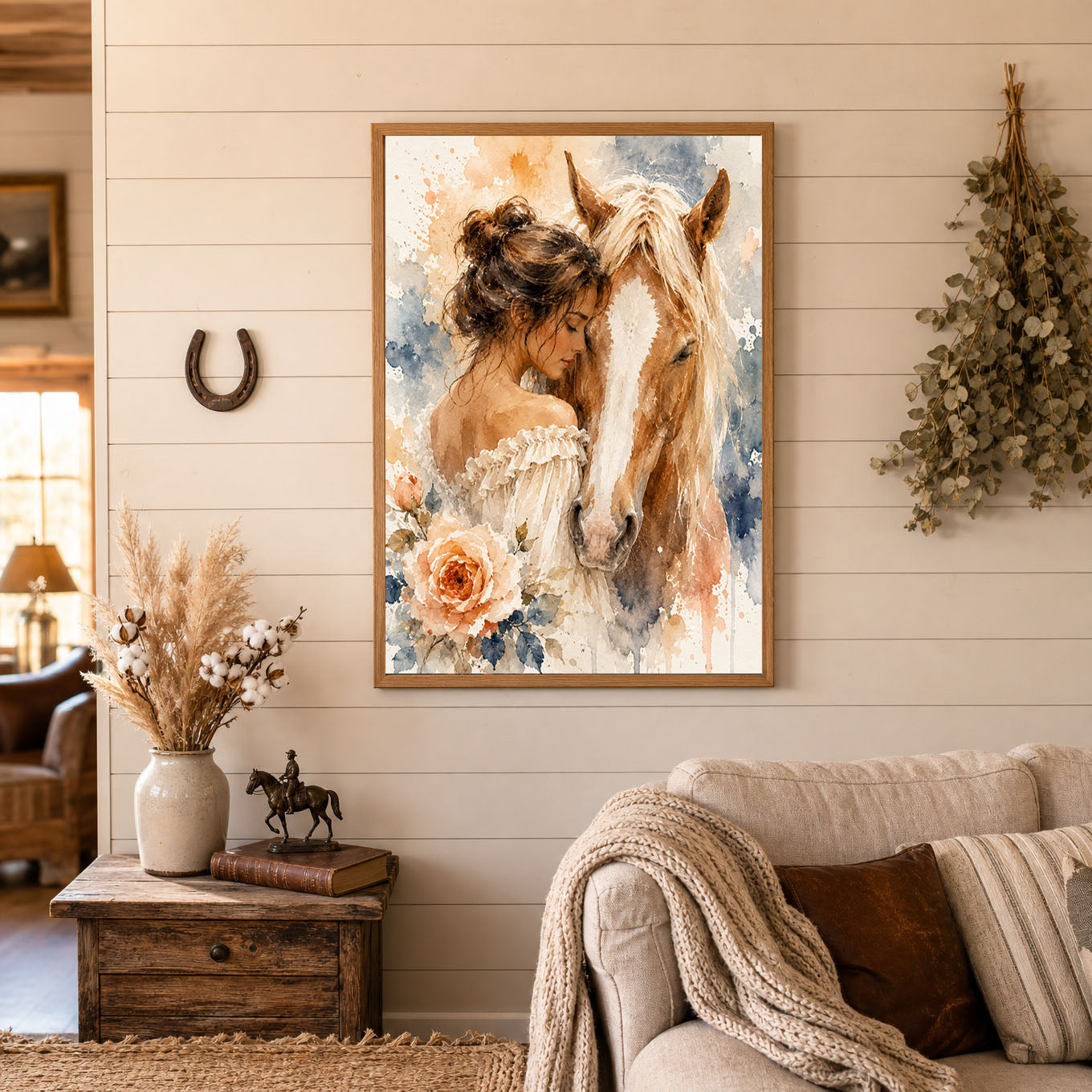 Girl and Horse Watercolor Floral Poster Print