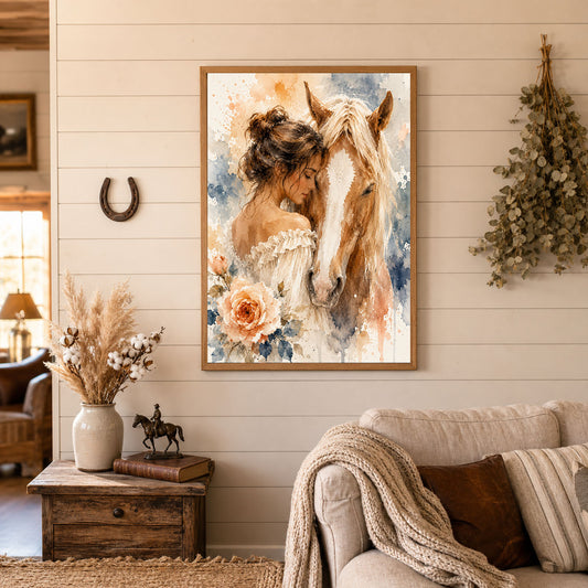 Girl and Horse Watercolor Floral Poster Print