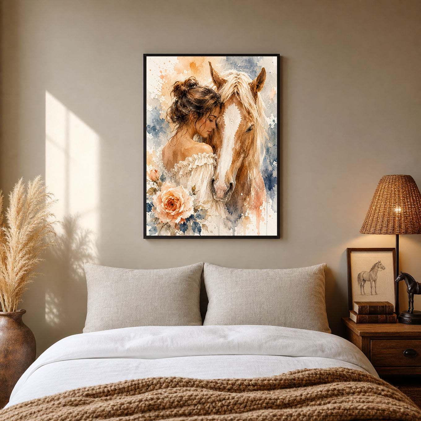 Girl and Horse Watercolor Floral Poster Print