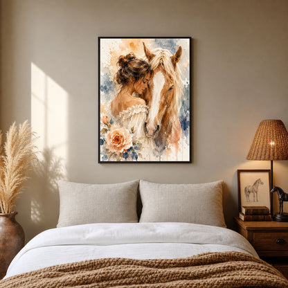 Girl and Horse Watercolor Floral Poster Print