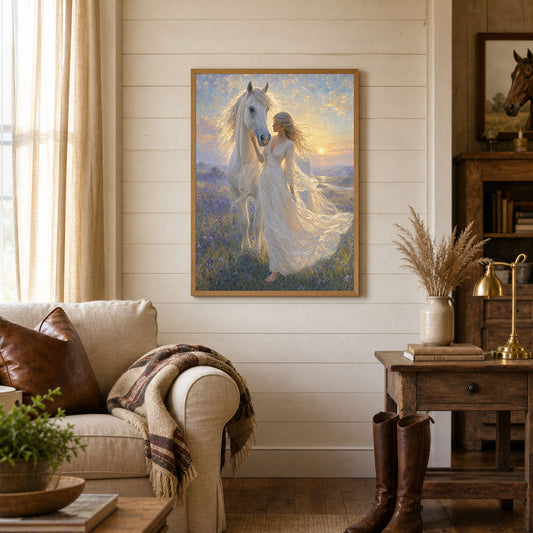 Girl and White Horse Sunset Oil Painting Poster Print