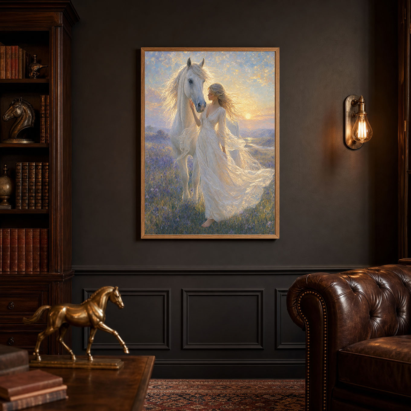 Girl and White Horse Sunset Oil Painting Poster Print