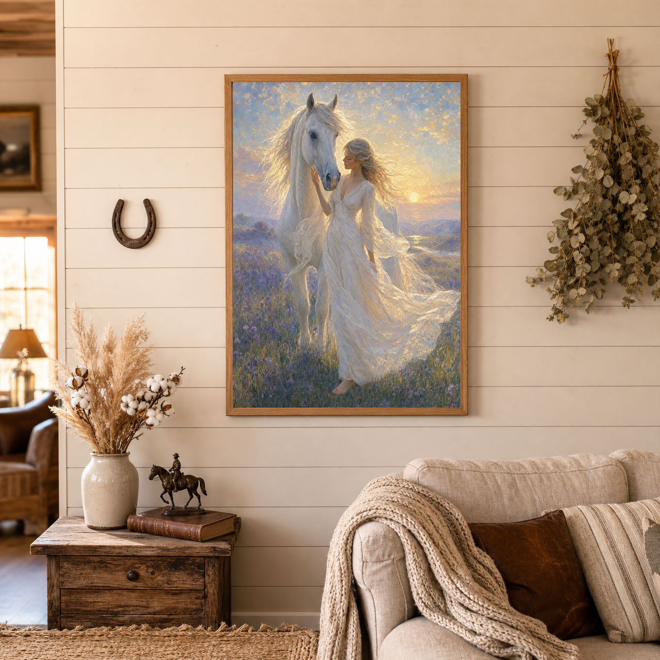 Girl and White Horse Sunset Oil Painting Poster Print