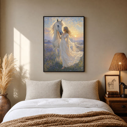 Girl and White Horse Sunset Oil Painting Poster Print