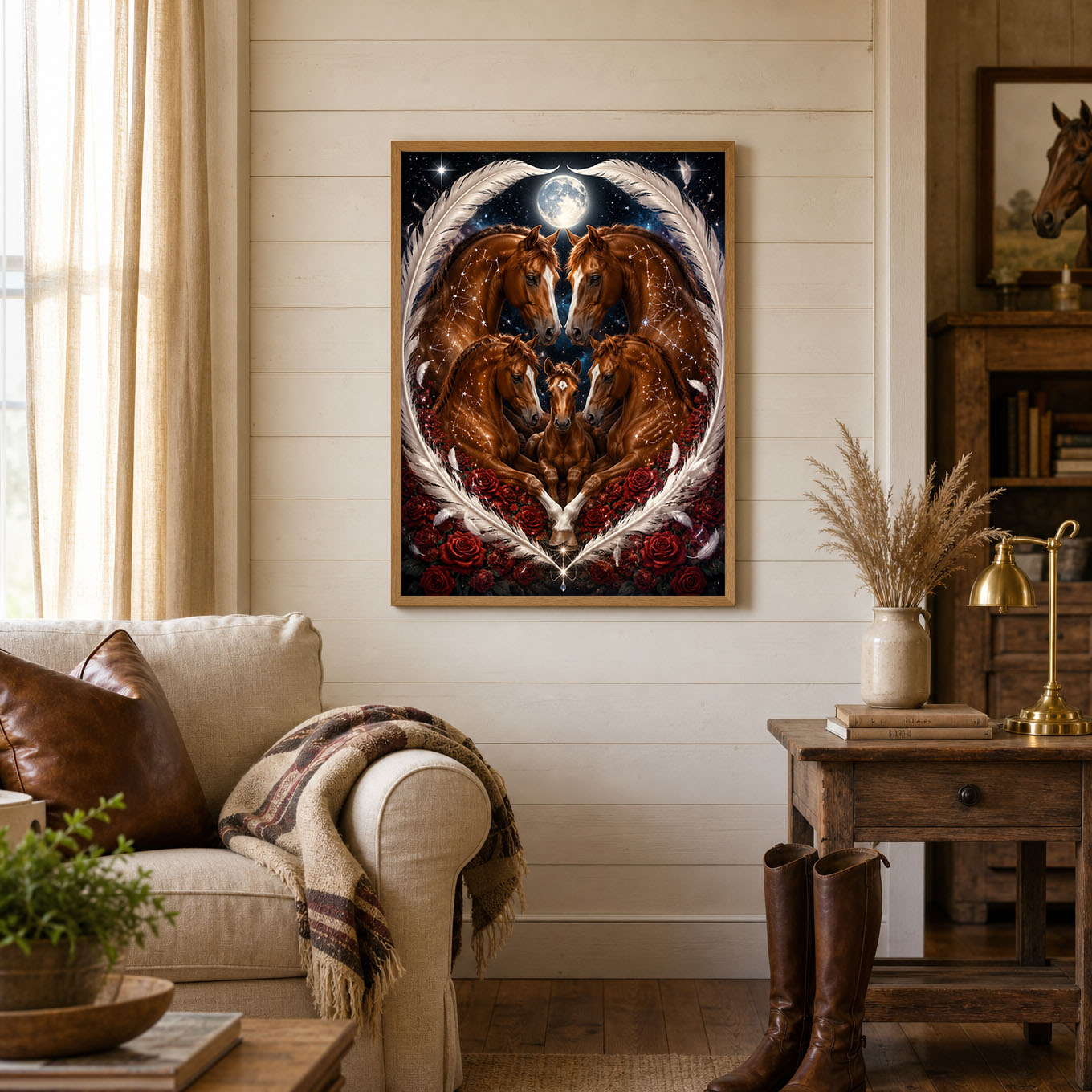 Horse Family Feather Heart Roses Moon Poster Print