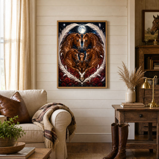 Horse Family Feather Heart Roses Moon Poster Print