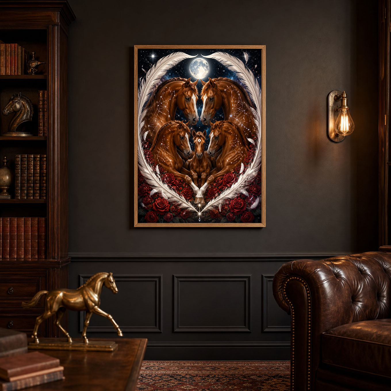 Horse Family Feather Heart Roses Moon Poster Print