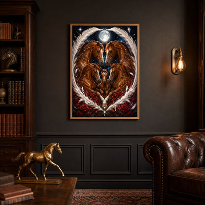 Horse Family Feather Heart Roses Moon Poster Print