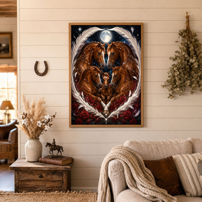 Horse Family Feather Heart Roses Moon Poster Print