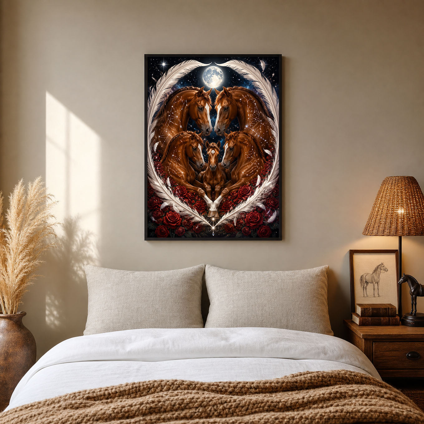 Horse Family Feather Heart Roses Moon Poster Print