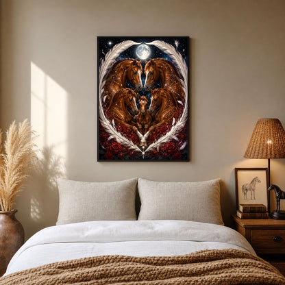 Horse Family Feather Heart Roses Moon Poster Print