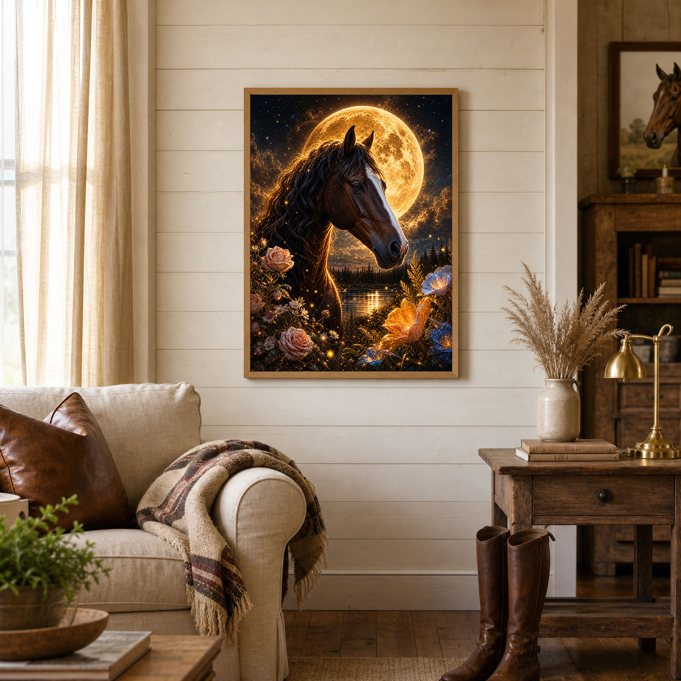Horse Portrait Golden Moon Floral Night Poster Print